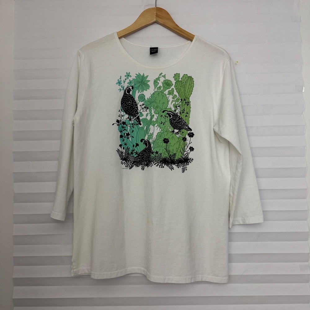 Sabaku Artwear Quail Garden Graphic T-Shirt White Cotton 3/4 Sleeve Womens M